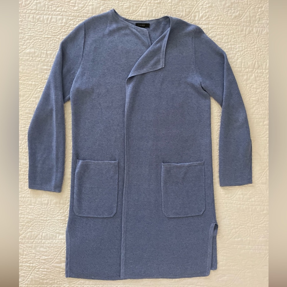 J Crew Juliette Collarless Blazer Sweater Linen Blend Knit Mid Length Blue Sz S